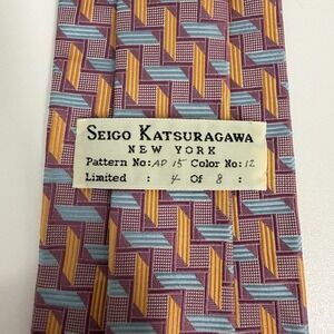 Seigo Katsuragawa Men's Limited Tie Pink/Orange/Blue Geometric Silk 3 5/8" x 57"